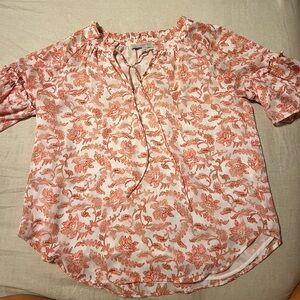 LOFT Coral Floral Tie-Neck Peasant Blouse